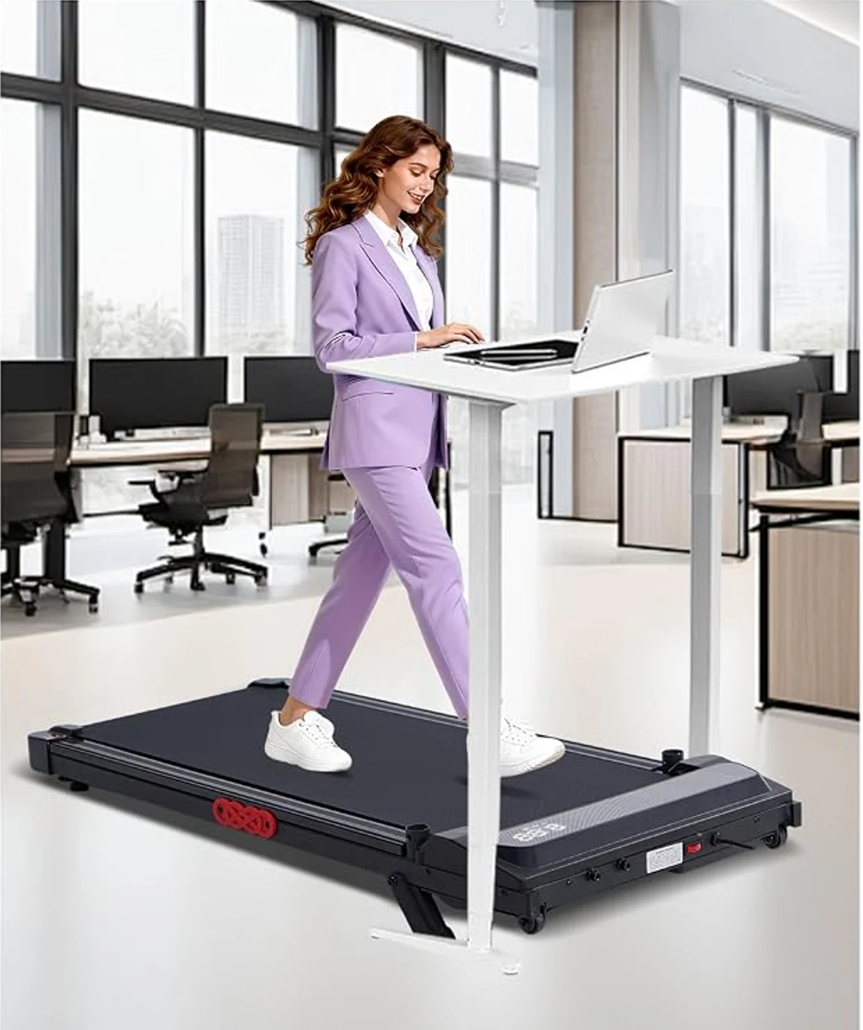 A woman making movement part of her workday with a Kassadin treadmill