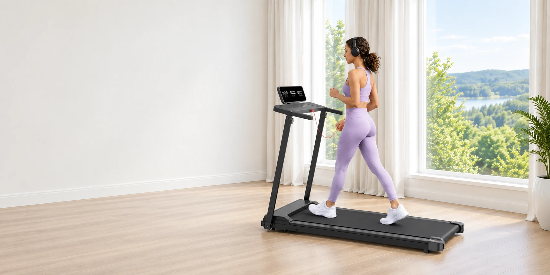 Illustrative home scene of a woman walking on a Kassadin treadmill beside bright windows